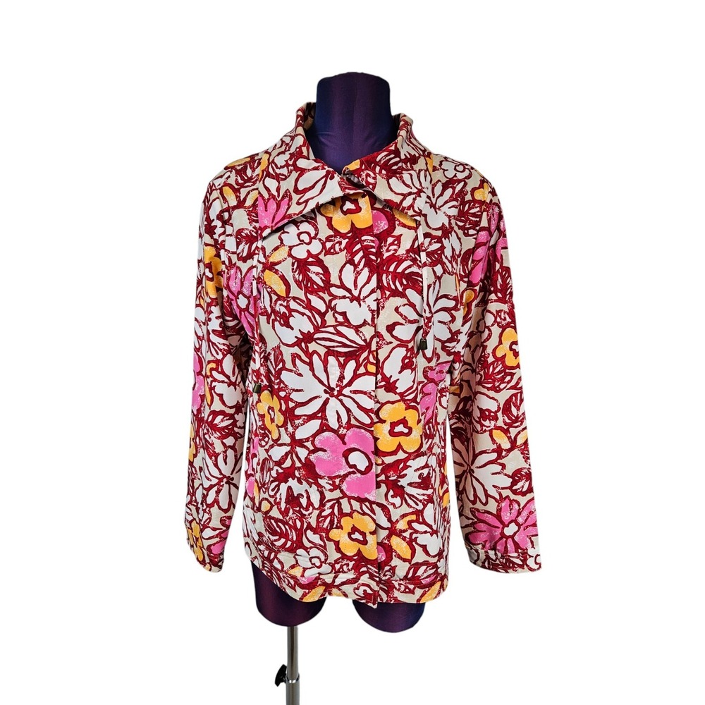Chico's Zenergy Red & Orange Floral Print Lightweight Jacket Size 8 Women's T7